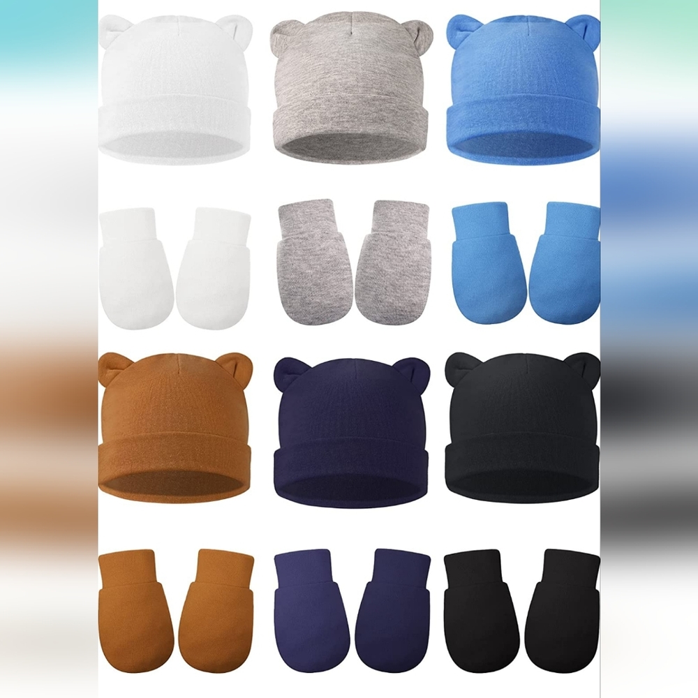 Geyoga 12 Sets Newborn Cotton Hospital Hat Mittens Baby Beanie Solid Infant Hats
